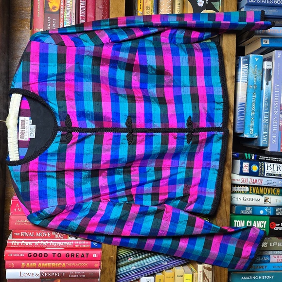 VINTAGE Maggy London 100% Silk Taffeta Plaid Jacket - Picture 2 of 10